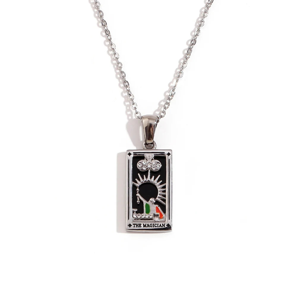 The Magician - Silver Tarot card Necklace with Black Enamel