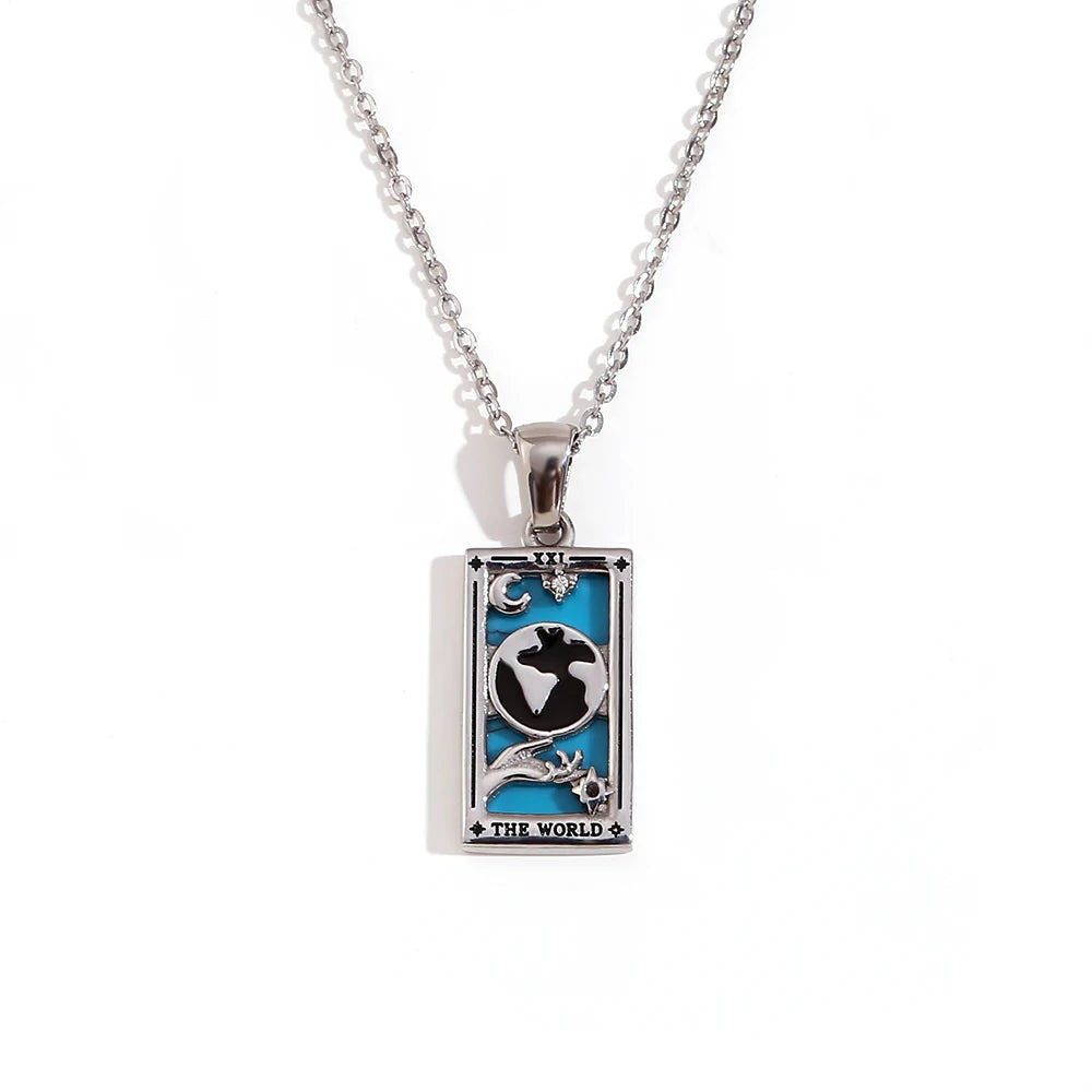 The World - Silver Tarot Card Necklace with Blue Enamel