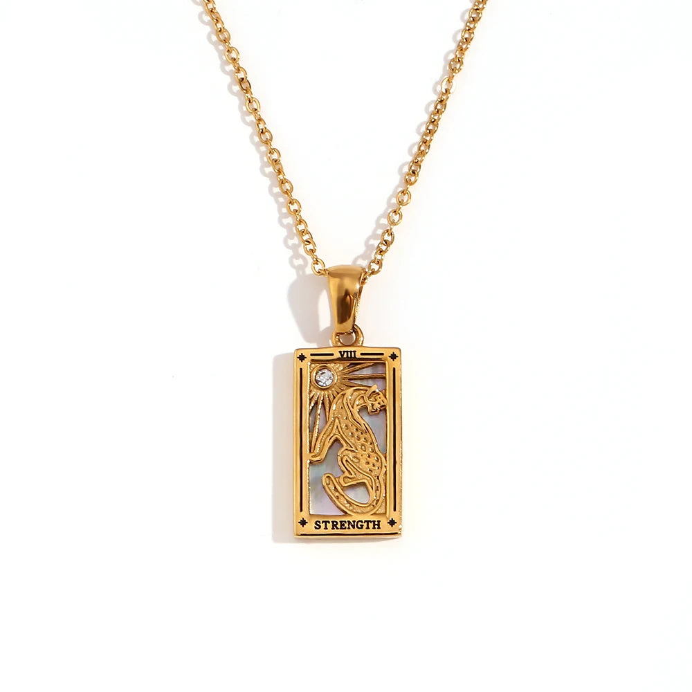 Strength - Tarot card 18k Necklace with Silver Enamel