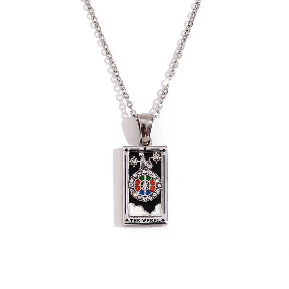 The Wheel - Silver Tarot card Necklace with Black Enamel