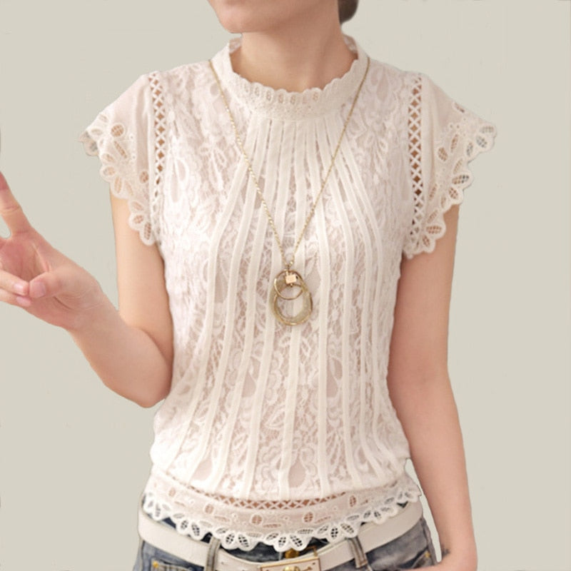 Ladies Elegant Crochet White Lace Blouse