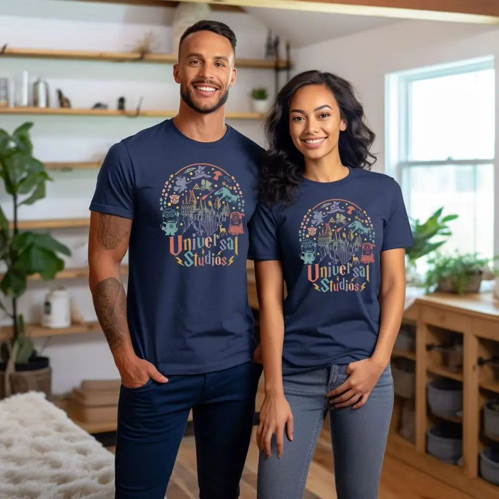 Universal Studios Iconic Characters Women’s Graphic T-Shirt – Retro Theme Park Tee | Magical Movie Shirt