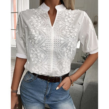 Load image into Gallery viewer, Chic Solid Hollow-out V Neck Lace Blouse with Floral Pattern Embroidery

