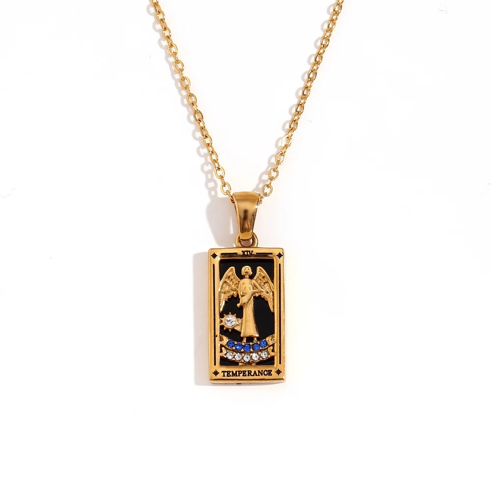 Temperance - Tarot card 18k Necklace with Black Enamel