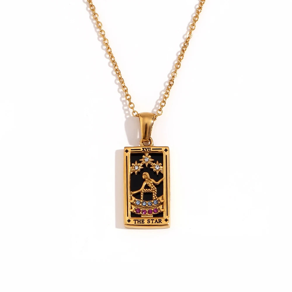 The Star - Tarot card 18k Necklace with Black Enamel