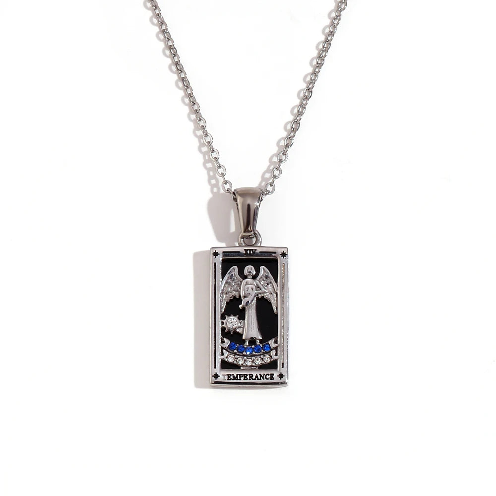 Temperance - Silver Tarot card Necklace with Black Enamel