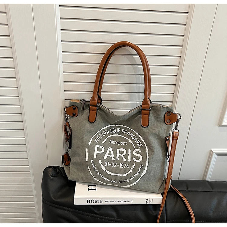 Vintage Paris Canvas Tote Bag with Leather Straps – Casual Shoulder Handbag