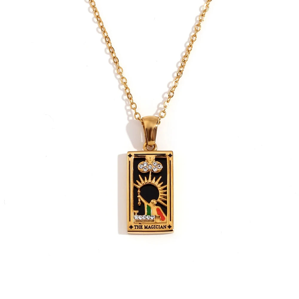 The Magician - Tarot card 18k Necklace with Black Enamel