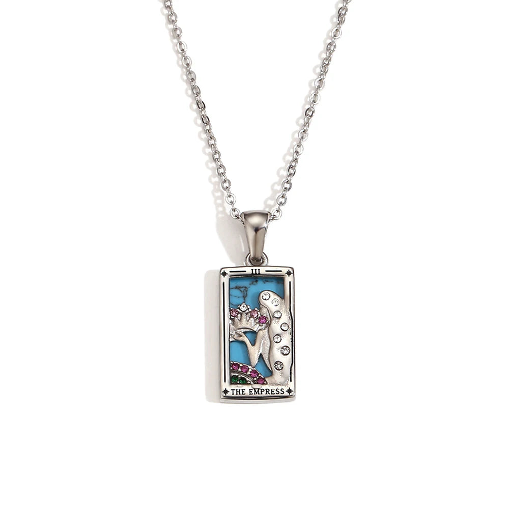 The Empress - Silver Tarot Card Necklace with Blue Enamel