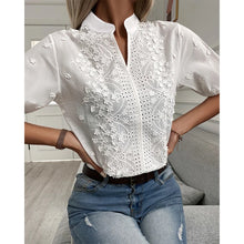 Load image into Gallery viewer, Chic Solid Hollow-out V Neck Lace Blouse with Floral Pattern Embroidery
