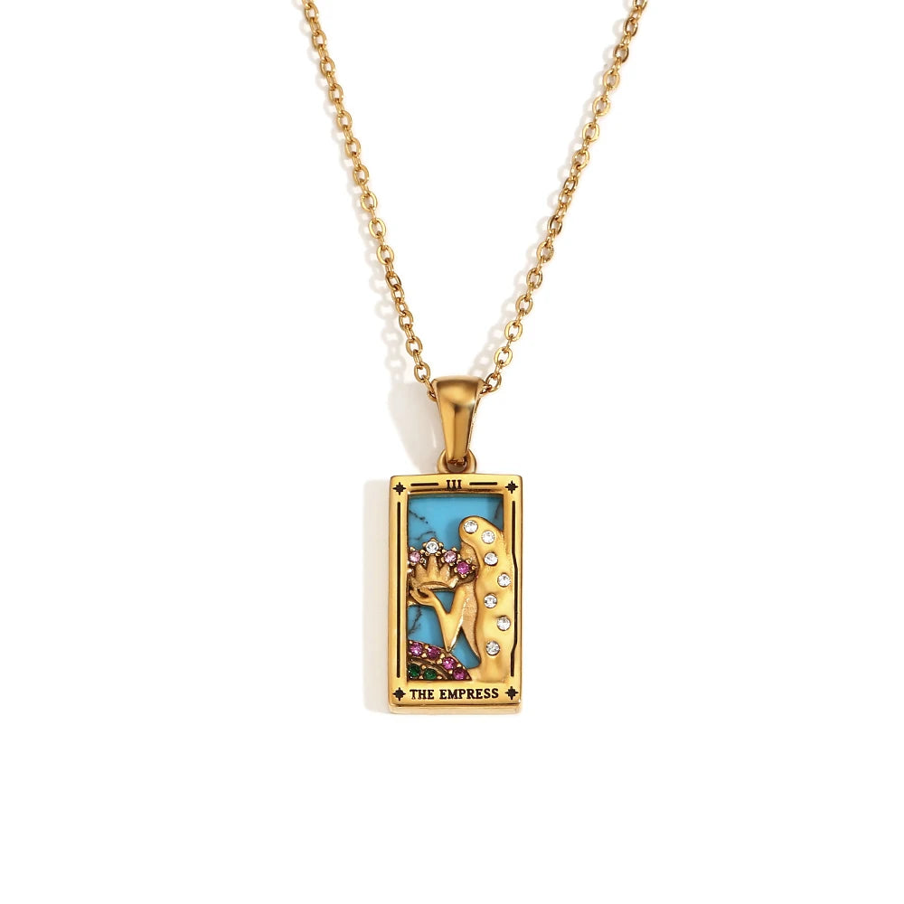 The Empress - Tarot Card 18k Necklace with Blue Enamel