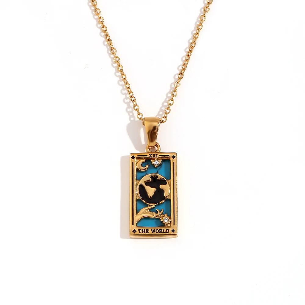 The World - Tarot Card 18k Necklace with Blue Enamel