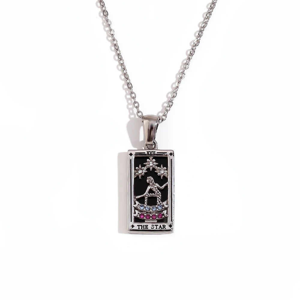 The Star - Silver Tarot card Necklace with Black Enamel