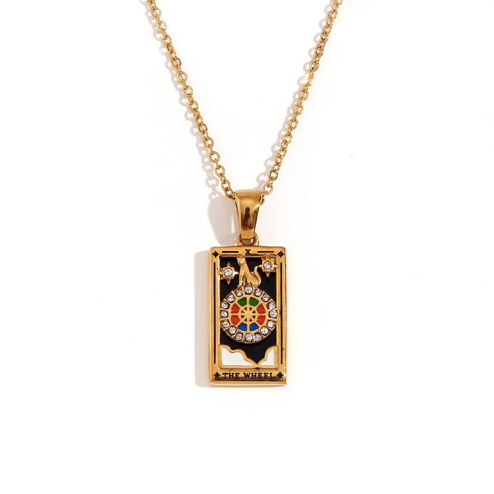 The Wheel - Tarot card 18k Necklace with Black Enamel